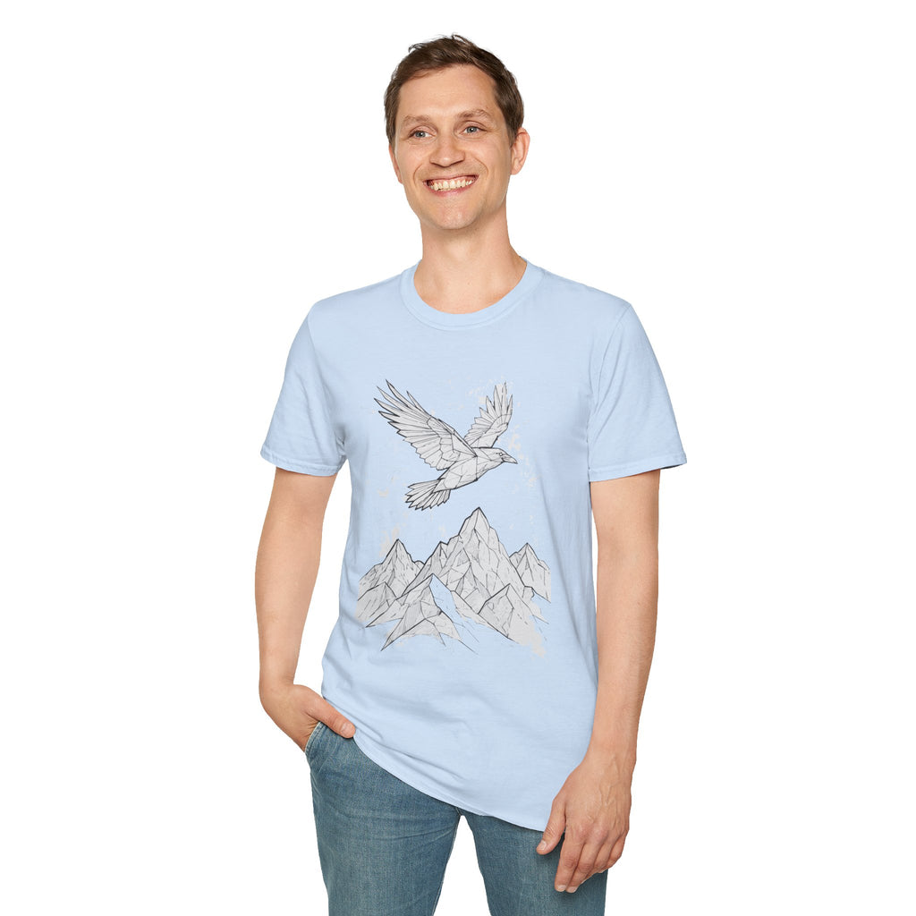 Mountain Raven Tee — Minimal Line Art Bird & Peaks Graphic T-Shirt