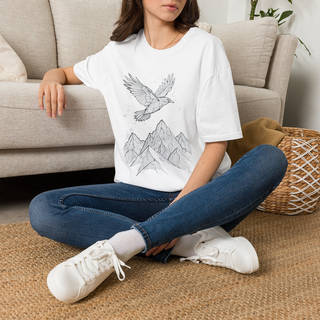 Mountain Raven Tee — Minimal Line Art Bird & Peaks Graphic T-Shirt