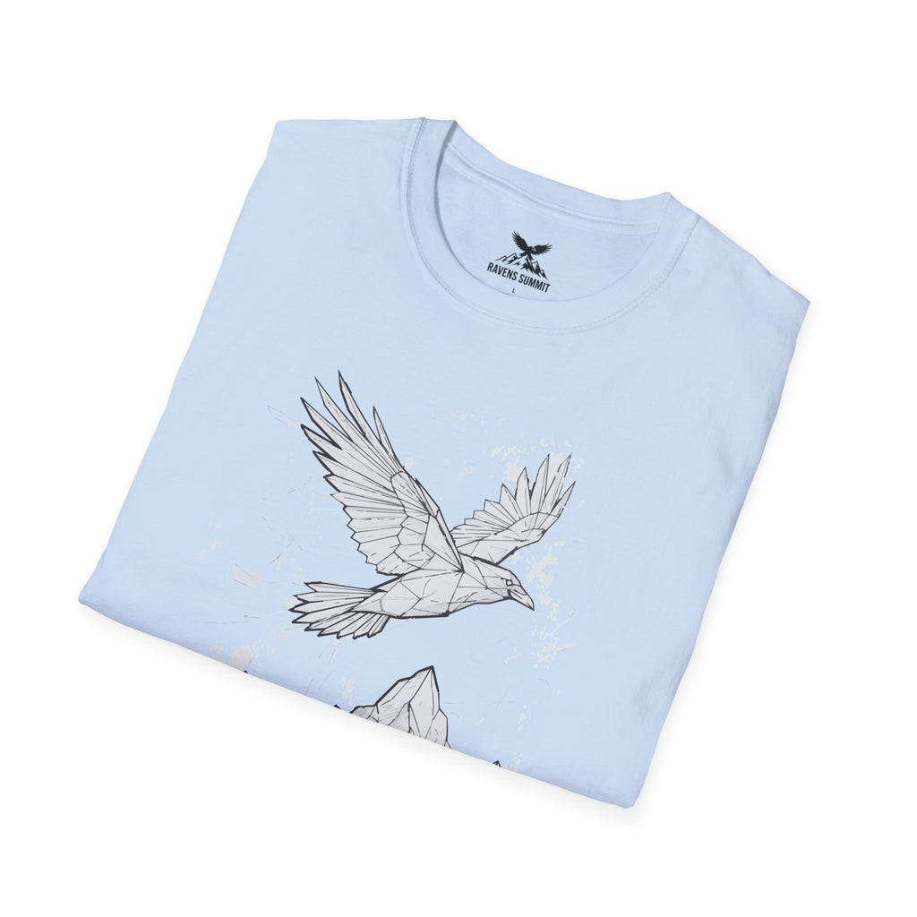 Mountain Raven Tee — Minimal Line Art Bird & Peaks Graphic T-Shirt