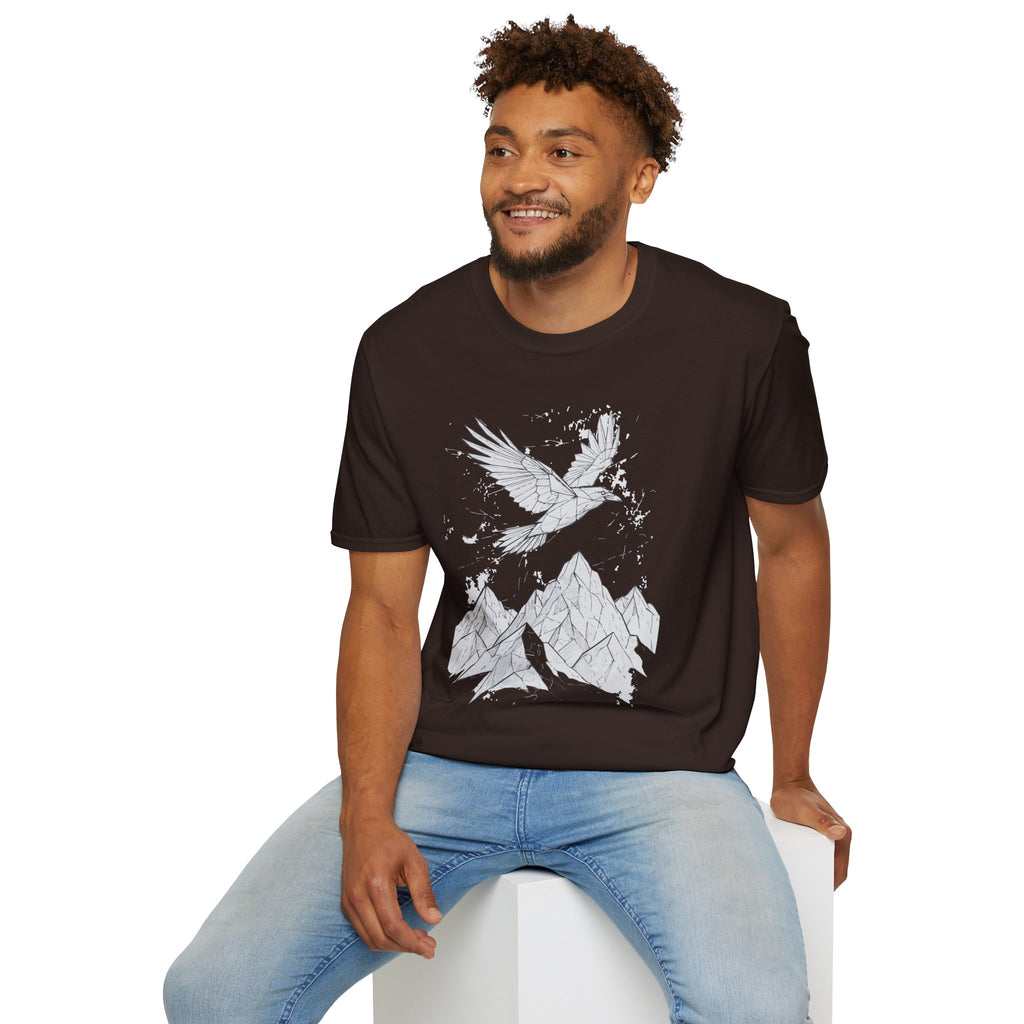 Mountain Raven Tee — Minimal Line Art Bird & Peaks Graphic T-Shirt