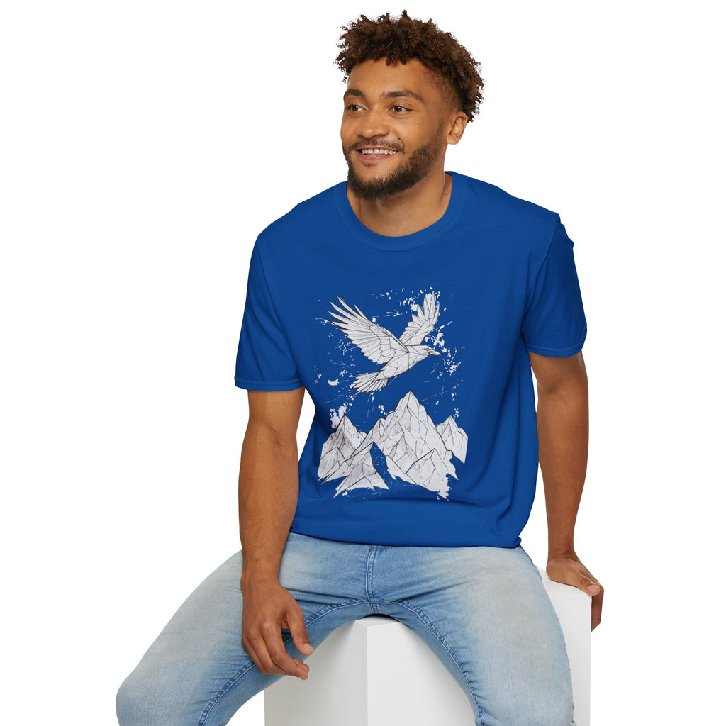 Mountain Raven Tee — Minimal Line Art Bird & Peaks Graphic T-Shirt