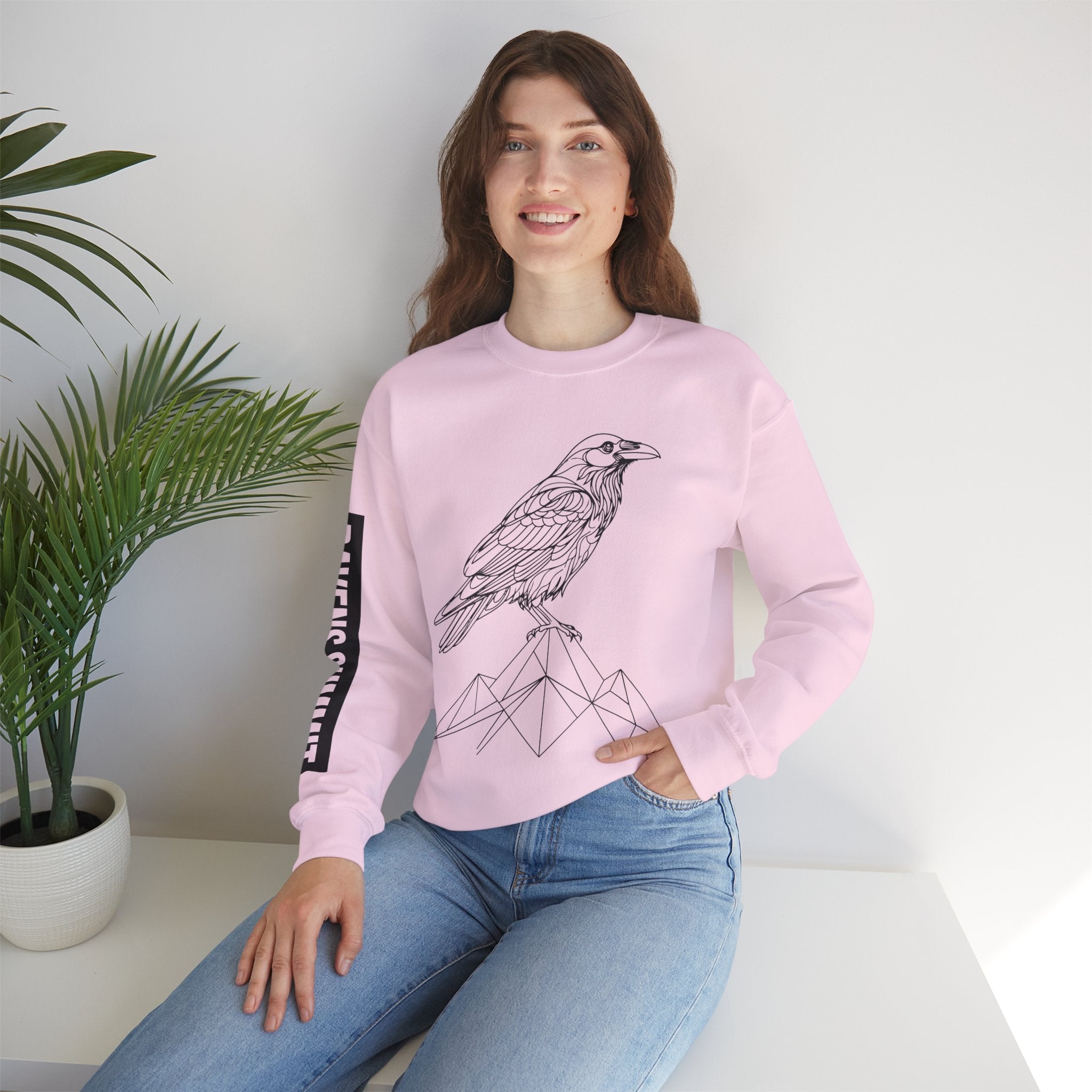 Crewneck Sweatshirt — Geometric Mountain Raven Illustration with 'Ravens Summit' Sleeve