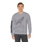 Crewneck Sweatshirt — Geometric Mountain Raven Illustration with 'Ravens Summit' Sleeve