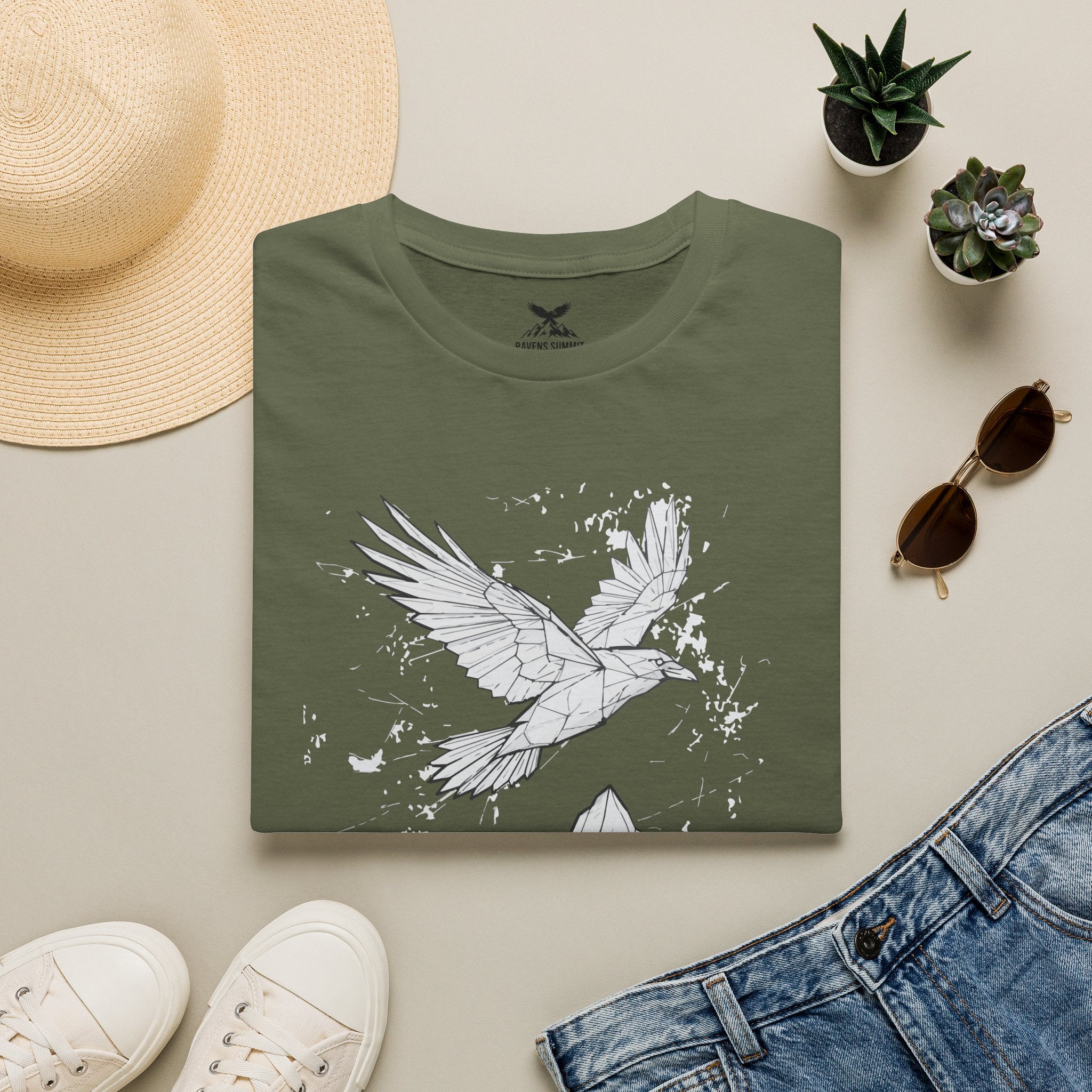 Mountain Raven Tee — Minimal Line Art Bird & Peaks Graphic T-Shirt
