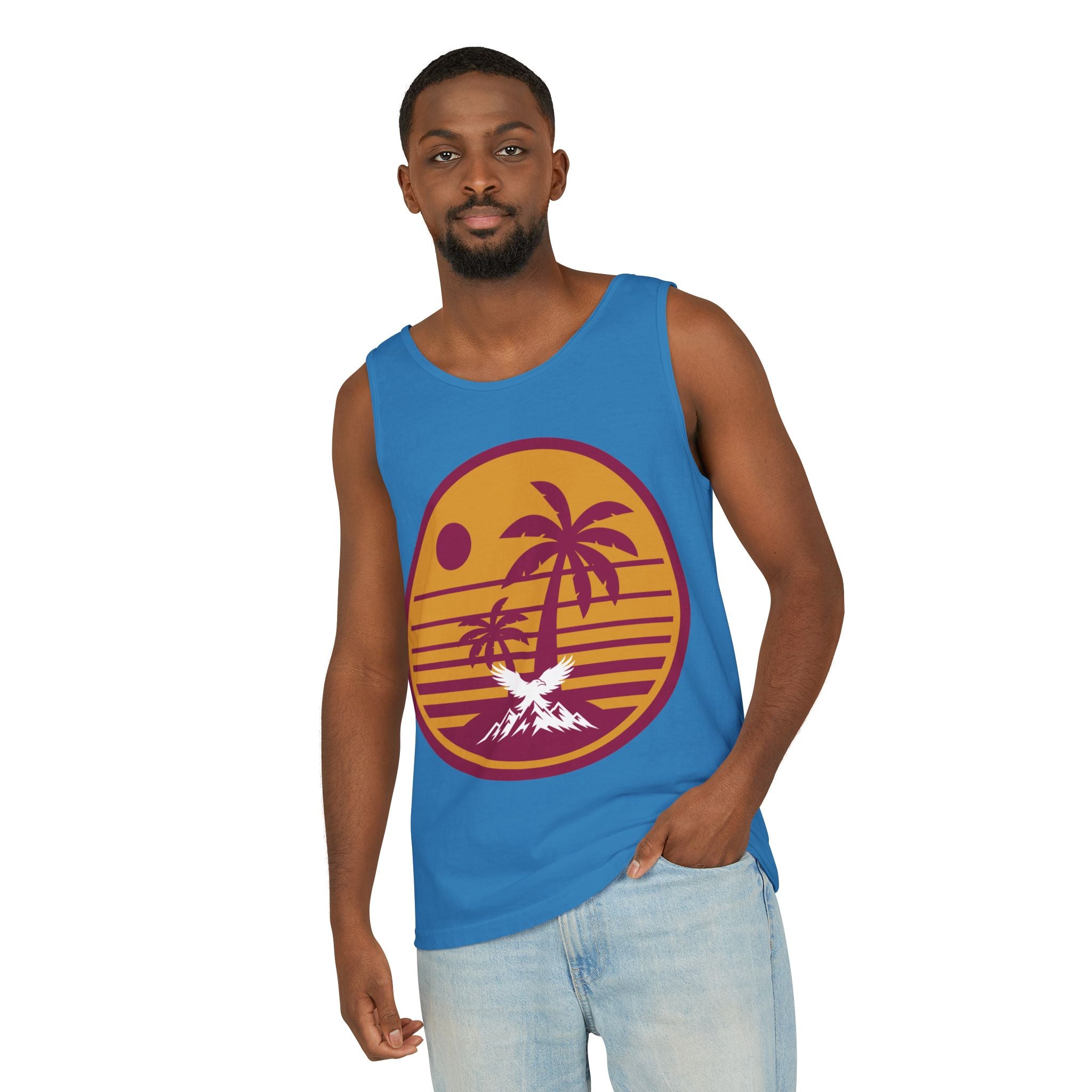 Ravens Summit Sunset Palm Tank Top  — Retro Beach Vibes Graphic Tank