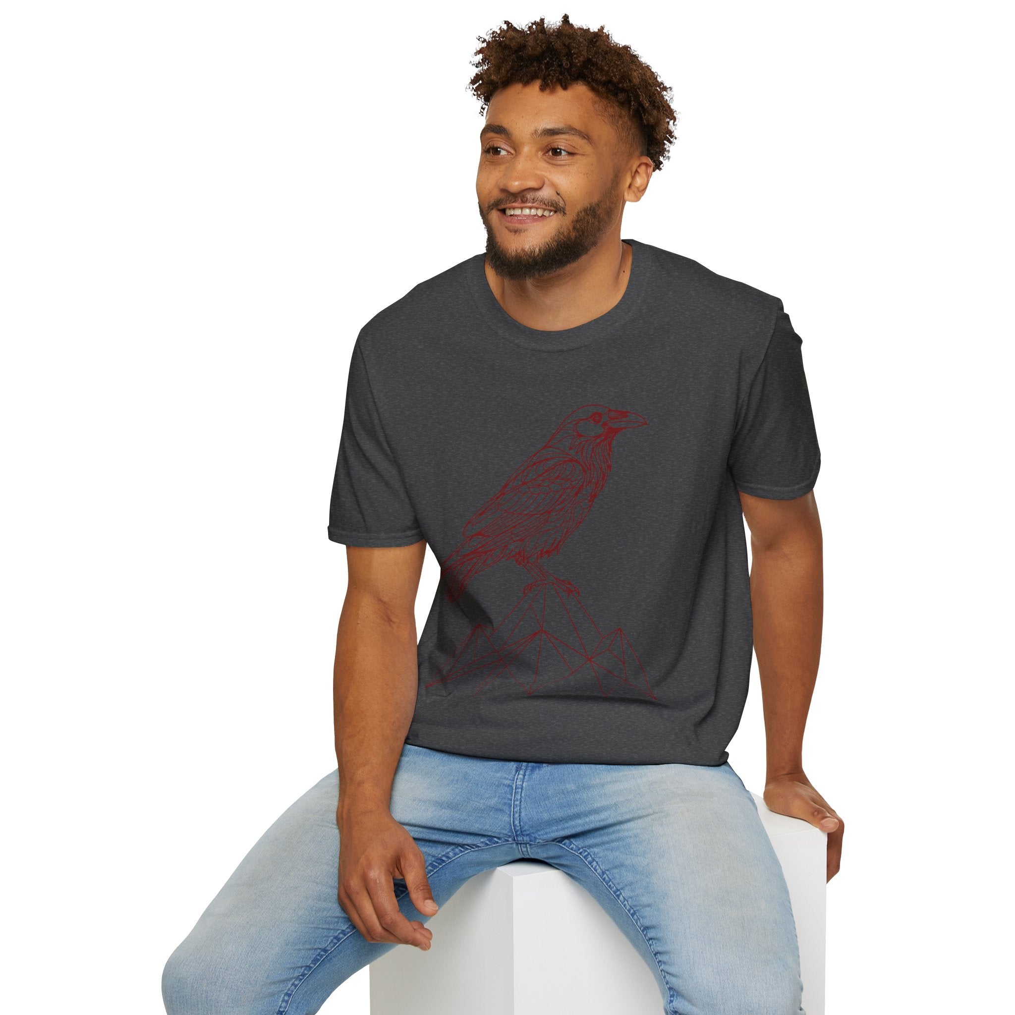 Raven Line Art T‑Shirt — Geometric Mountain Raven Sketch Tee