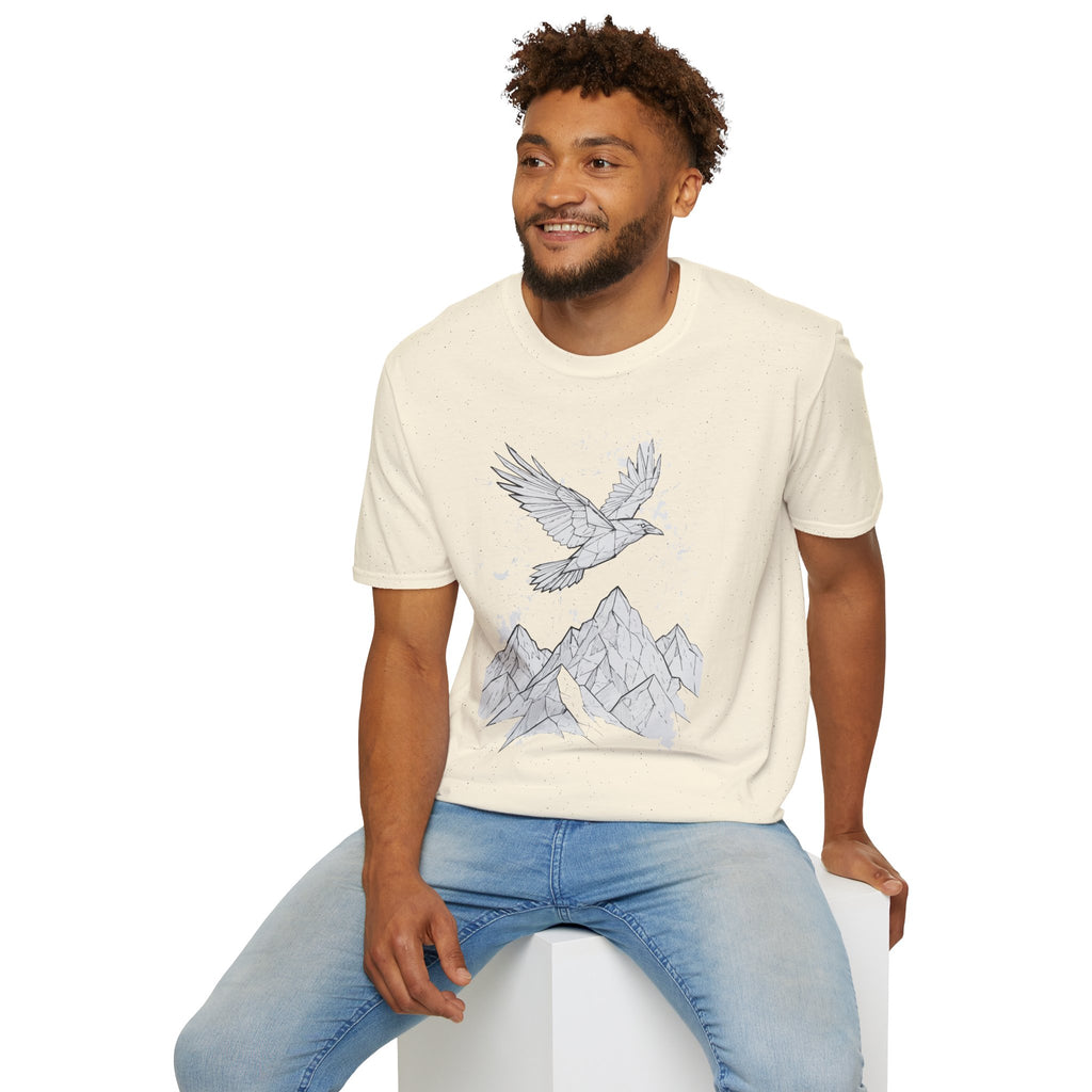 Mountain Raven Tee — Minimal Line Art Bird & Peaks Graphic T-Shirt