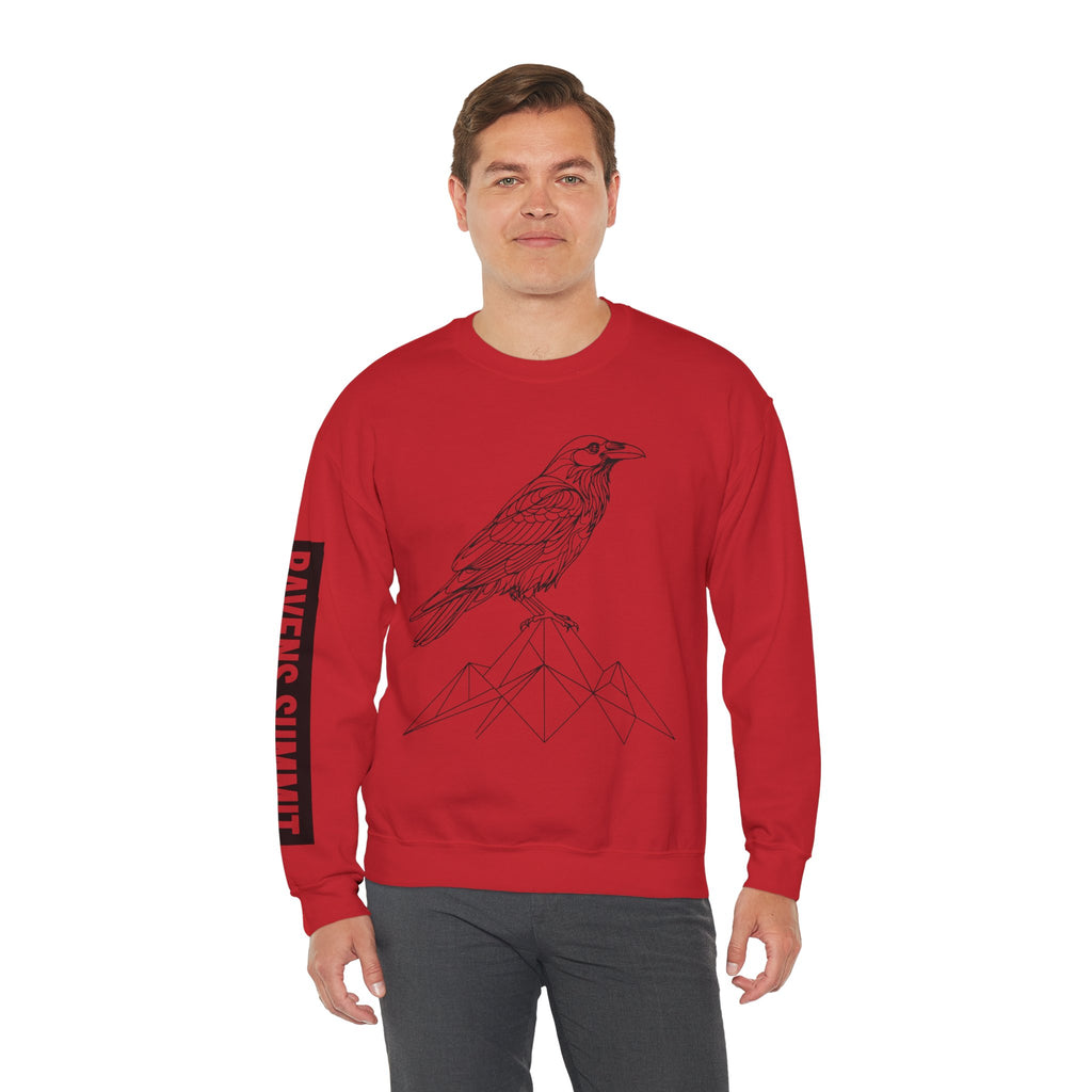 Crewneck Sweatshirt — Geometric Mountain Raven Illustration with 'Ravens Summit' Sleeve