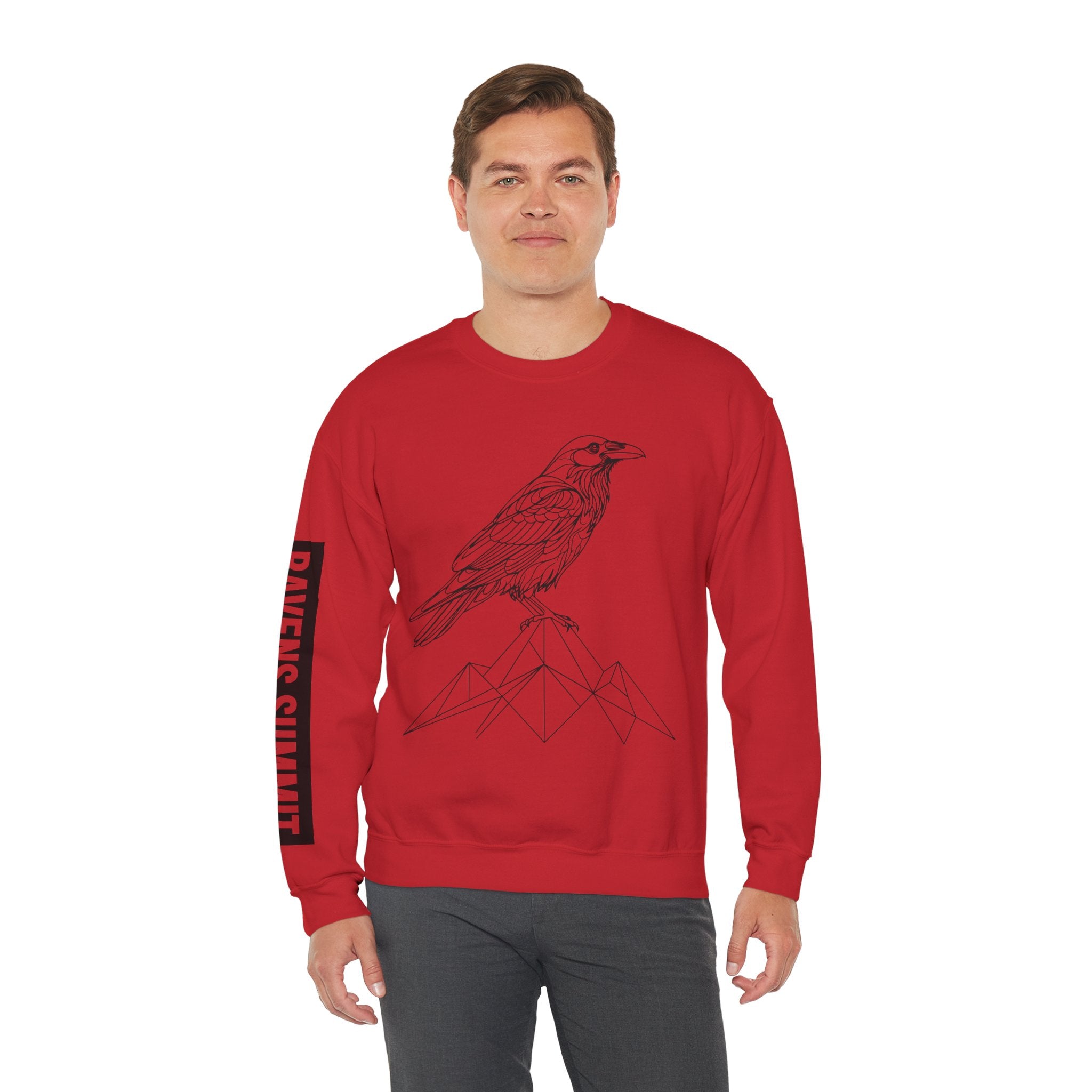 Crewneck Sweatshirt — Geometric Mountain Raven Illustration with 'Ravens Summit' Sleeve