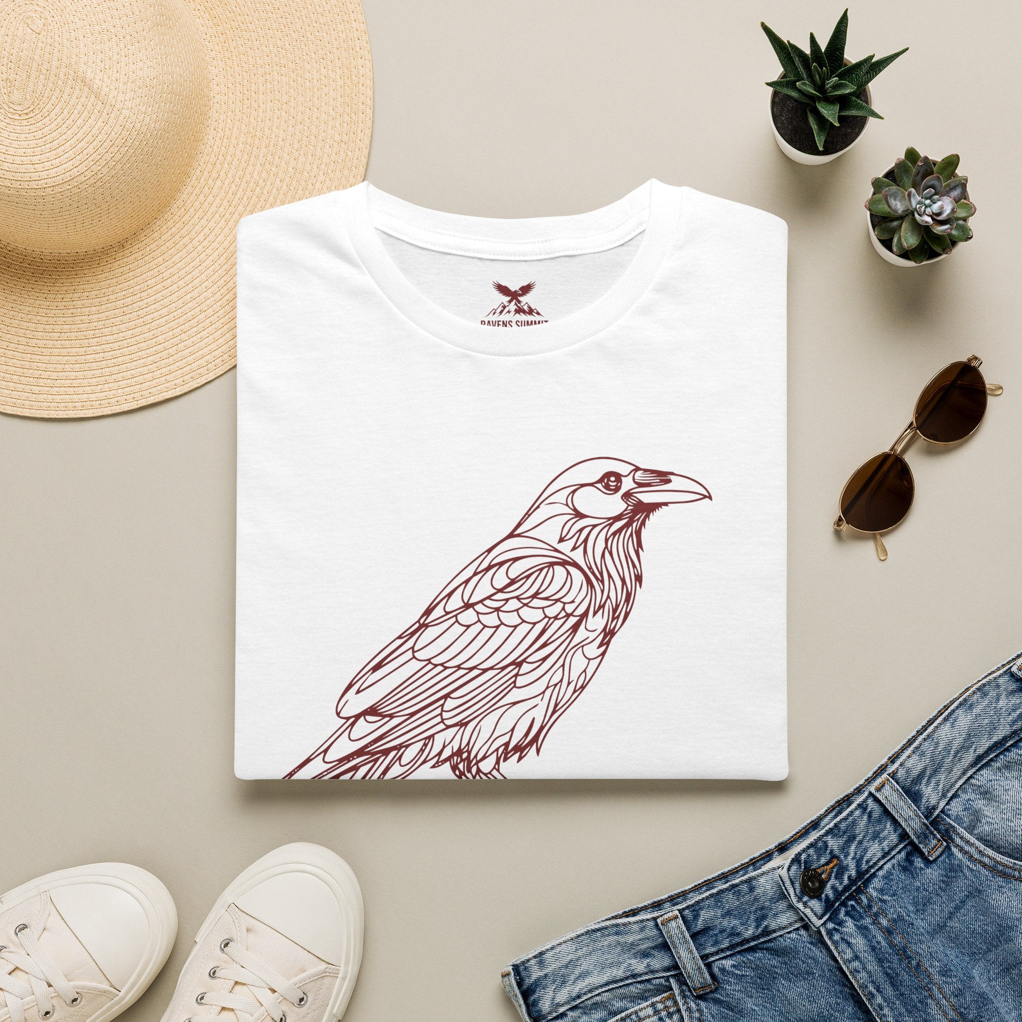 Raven Line Art T‑Shirt — Geometric Mountain Raven Sketch Tee