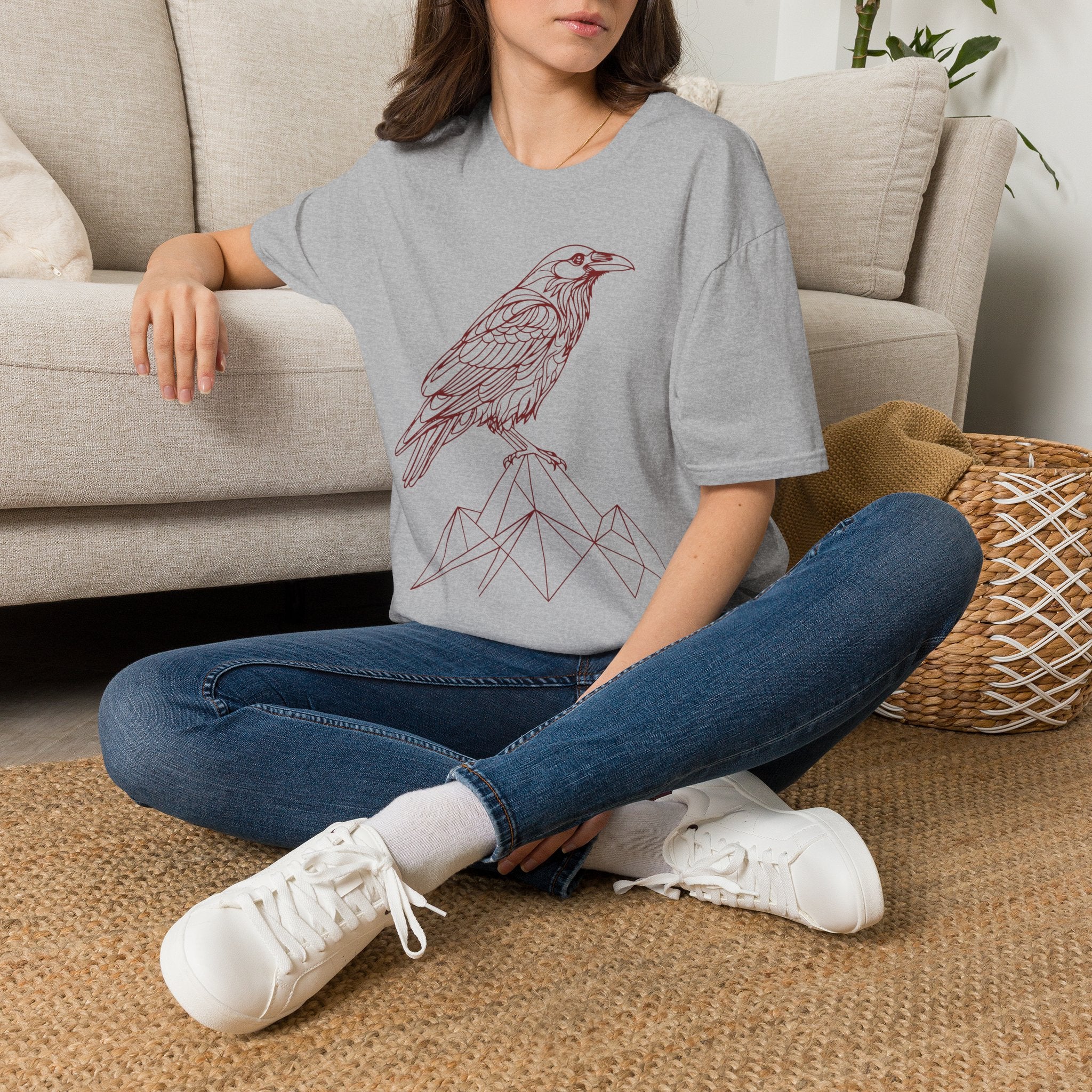 Raven Line Art T‑Shirt — Geometric Mountain Raven Sketch Tee