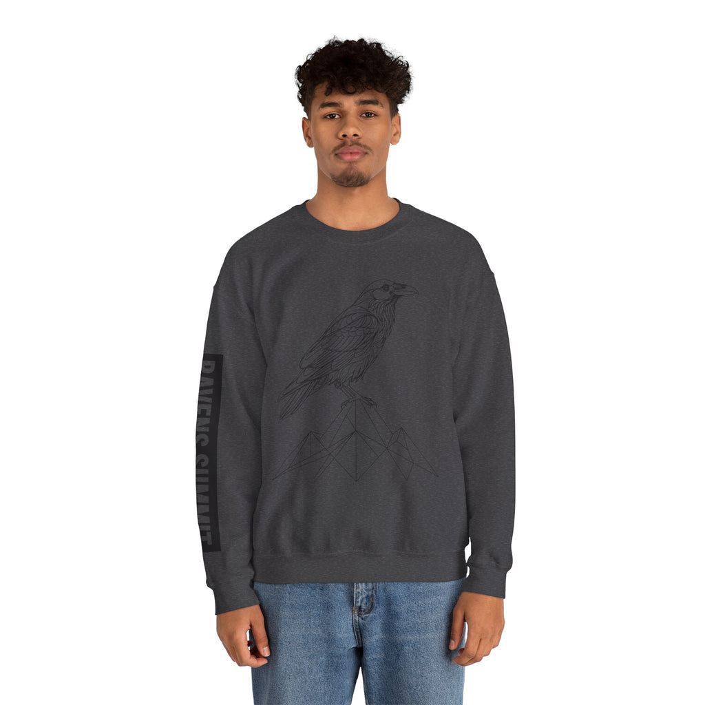 Crewneck Sweatshirt — Geometric Mountain Raven Illustration with 'Ravens Summit' Sleeve
