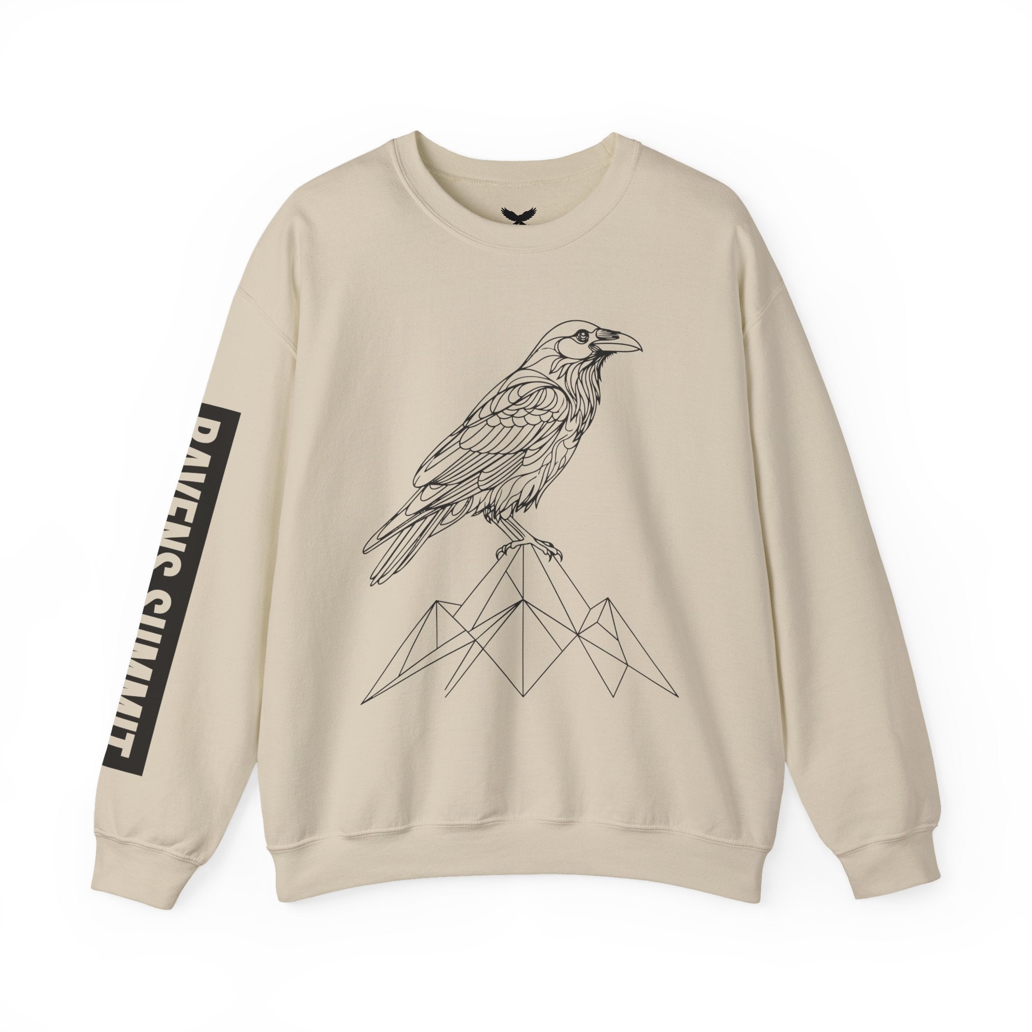 Crewneck Sweatshirt — Geometric Mountain Raven Illustration with 'Ravens Summit' Sleeve