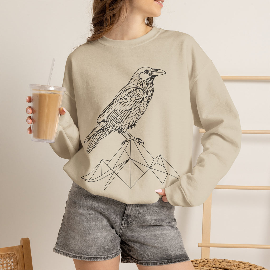 Crewneck Sweatshirt — Geometric Mountain Raven Illustration with 'Ravens Summit' Sleeve
