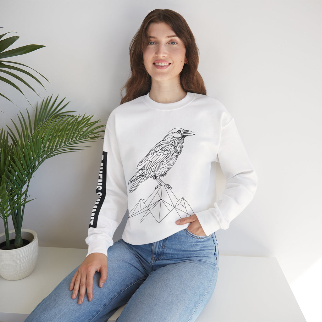 Crewneck Sweatshirt — Geometric Mountain Raven Illustration with 'Ravens Summit' Sleeve